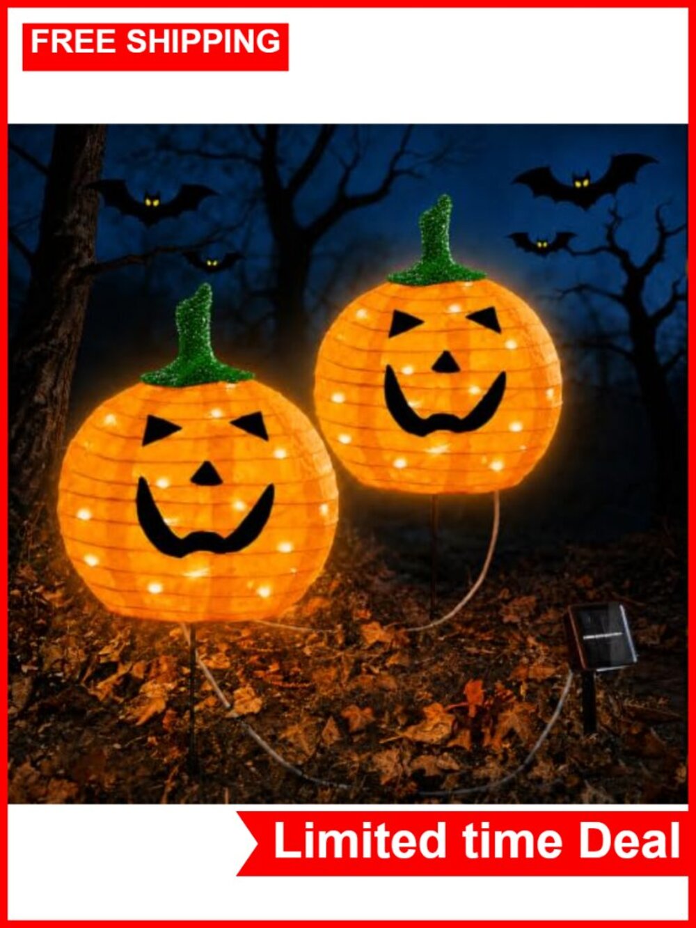 Solar Halloween Pumpkin Lights, Set of 2 Outdoor Pathway Stake Lights with
